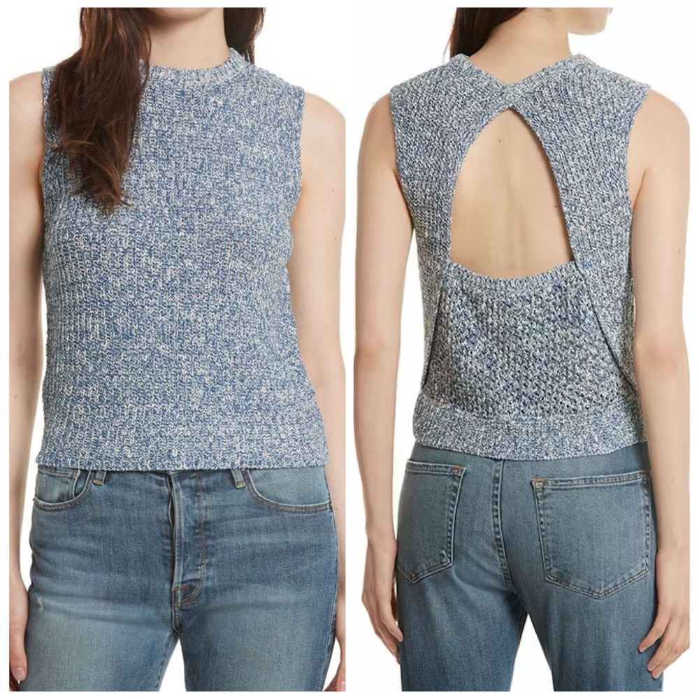 La Vie Rebecca Taylor Sweater Tank Women XS Blue Marled Open Back Coastal Boho‎